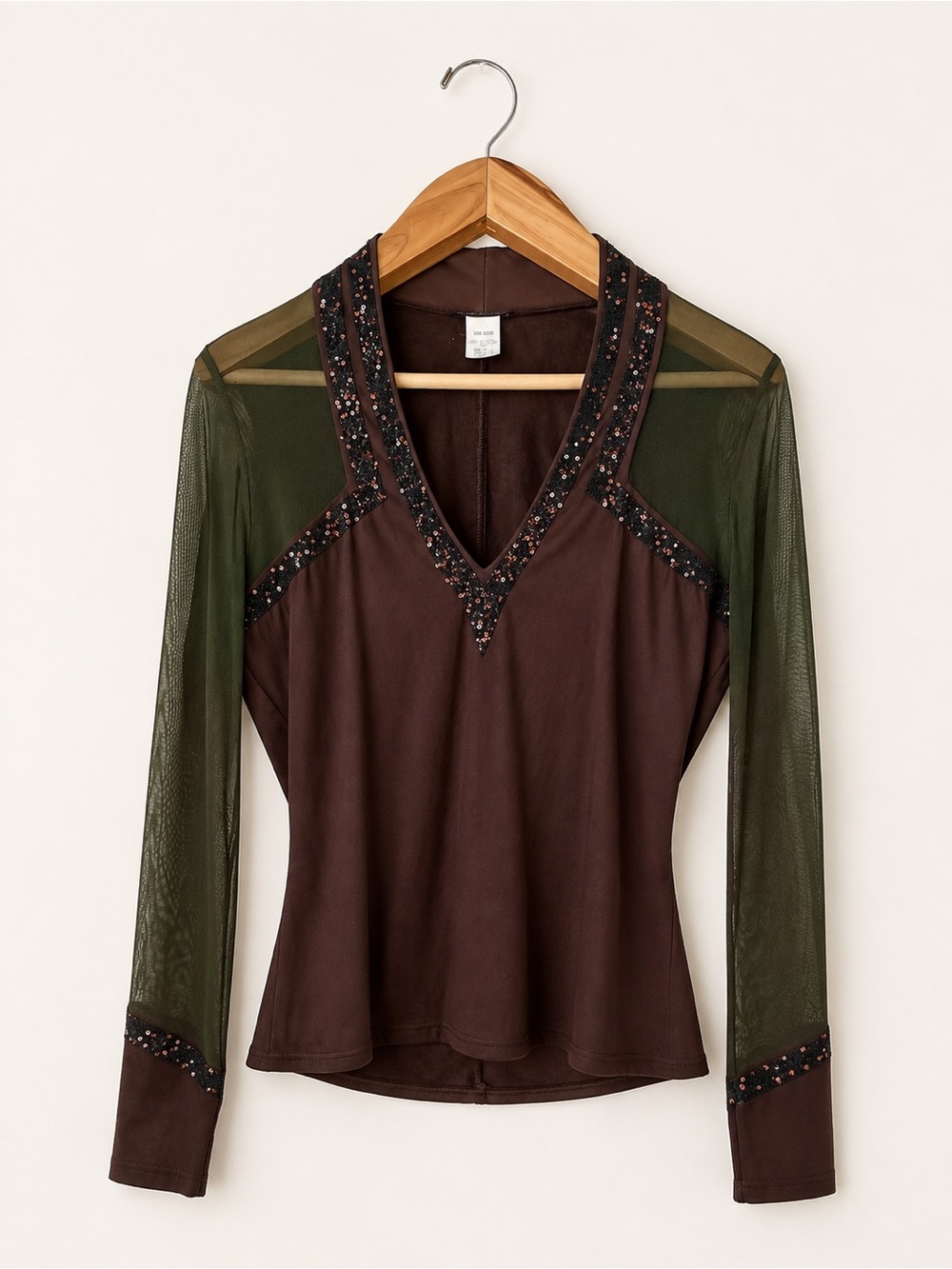 Kay Celine Beaded Mesh Sleeve V Neck Top Y2K Boho Woodland Size Large